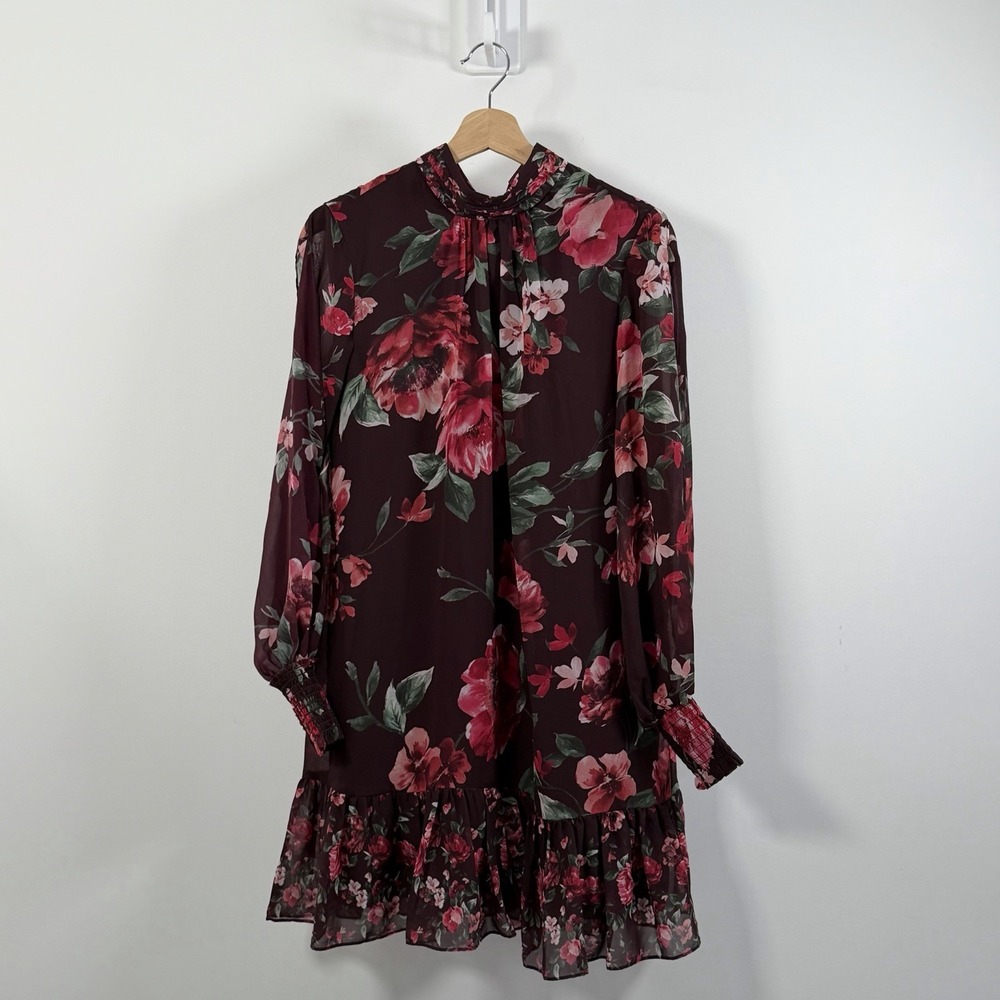 NEW Alex Marie Floral Dress Size 4 Burgundy Long Sleeve Tie Neck Ruffle Hem NWT
